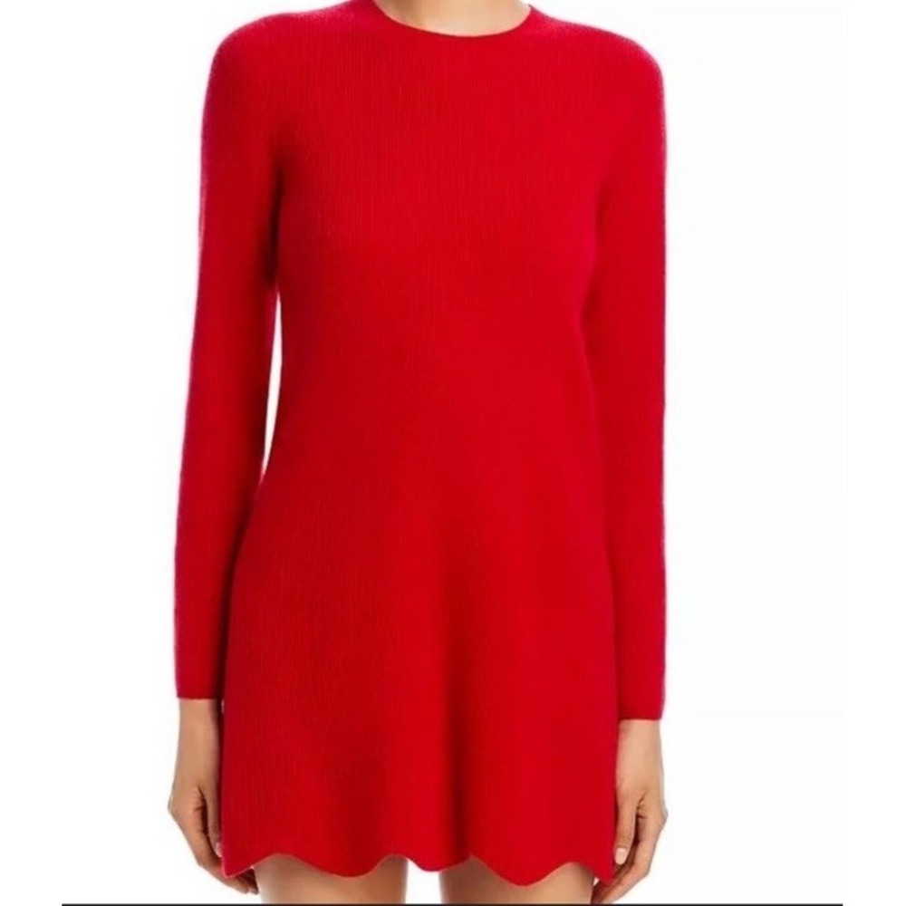 Aqua Cashmere Ribbed Mini Dress Scallop Hem Red 100% Cashmere‎ Size M